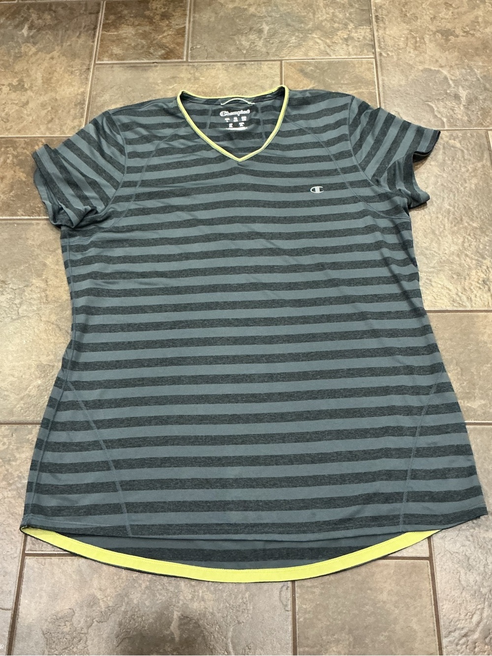 🥵 Champion Women’s Gray Striped V-Neck Top with Lime Trim